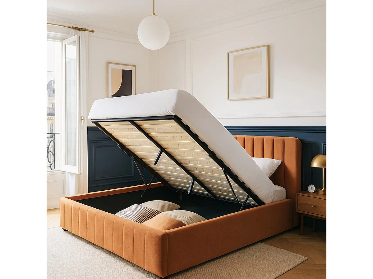 Lit coffre adulte 140x190 cm avec tête de lit capitonnée en velours terracotta - Ava