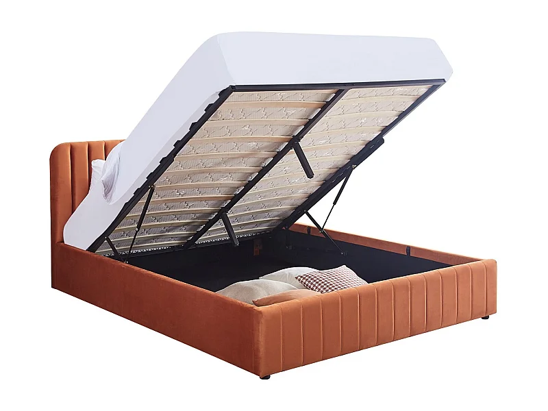Lit coffre adulte 140x190 cm avec tête de lit capitonnée en velours terracotta - Ava