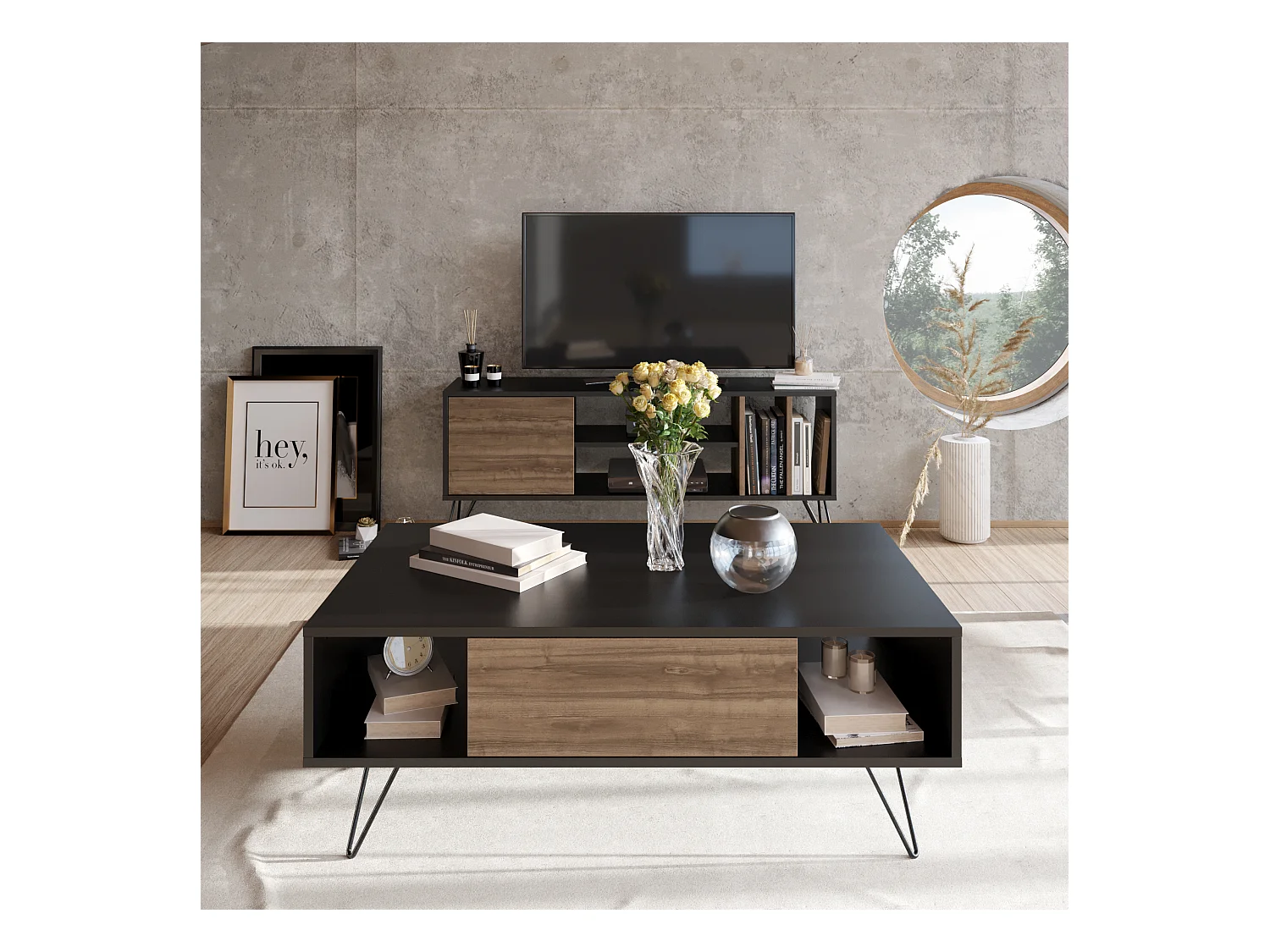 Table Basse Mistico avec le pieds en métal et armoire (Noir & Noyer)
