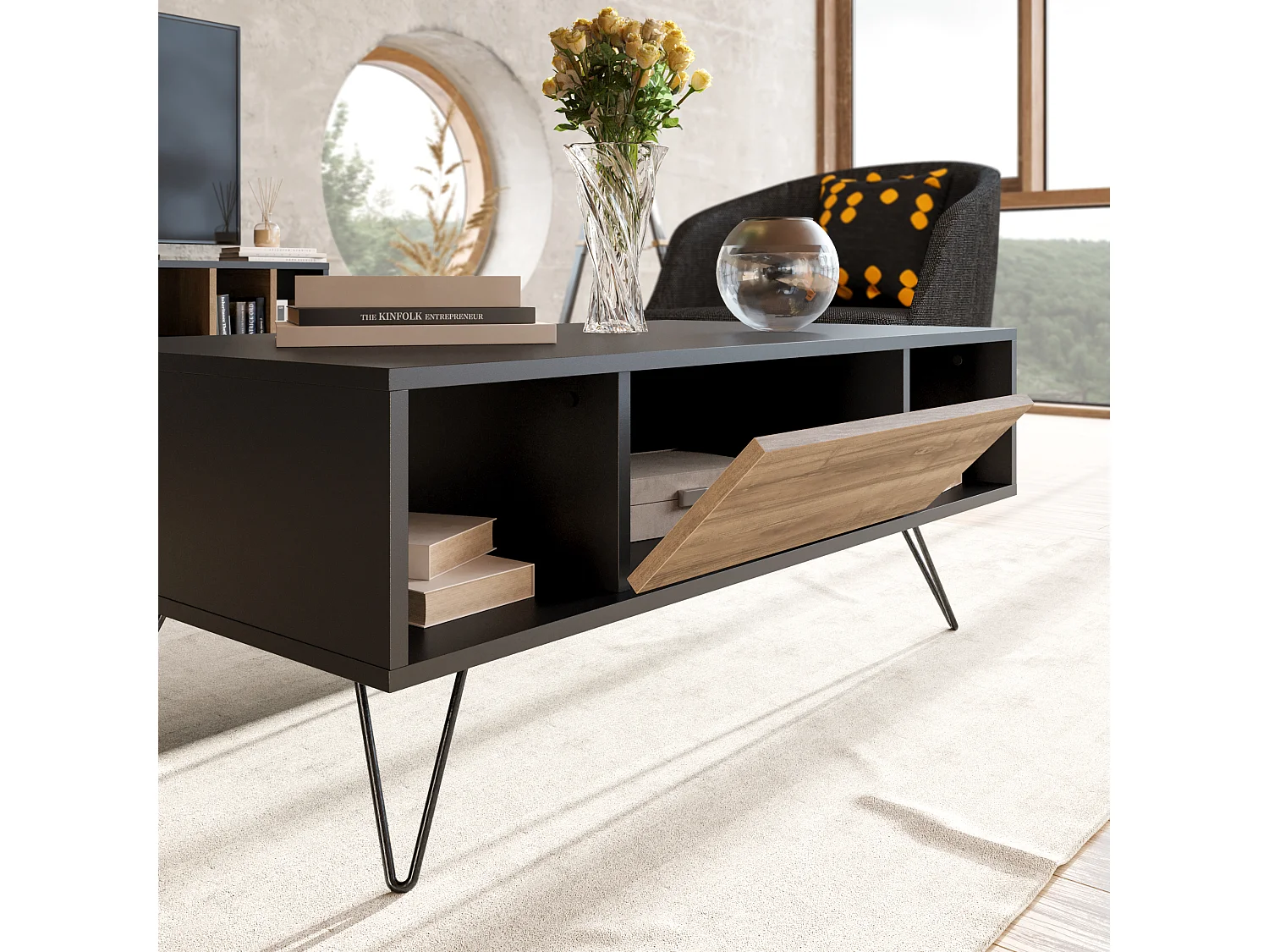 Table Basse Mistico avec le pieds en métal et armoire (Noir & Noyer)