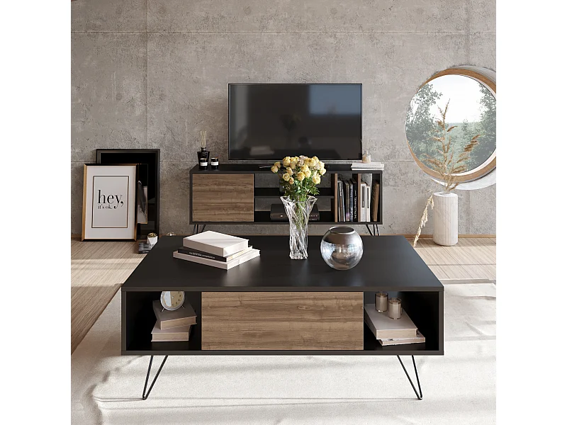 Table Basse Mistico avec le pieds en métal et armoire (Noir & Noyer)