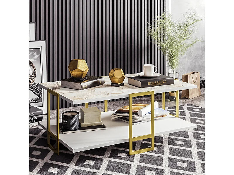 Table basse Polka avec cadre métalique doré (Effet marbre blanc)