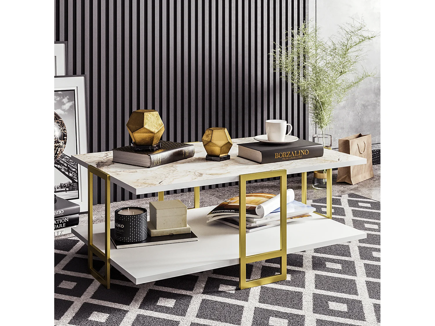 Table basse Polka avec cadre métalique doré (Effet marbre blanc)