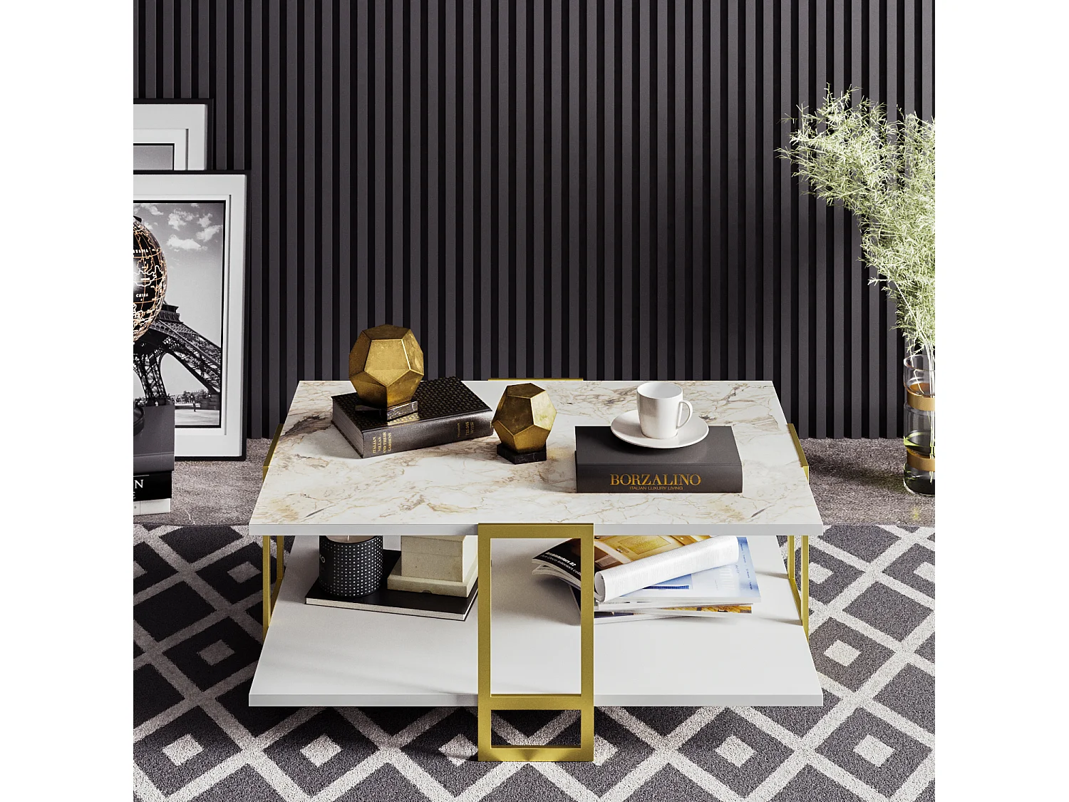 Table basse Polka avec cadre métalique doré (Effet marbre blanc)