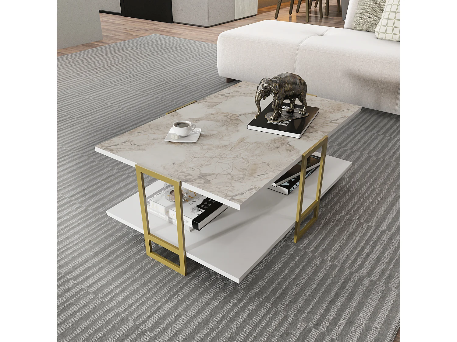 Decorotika Polka Rectangular Coffee Table with Metal Frame - W 91.5 cm x H 36.6 cm x  D 61.5 cm