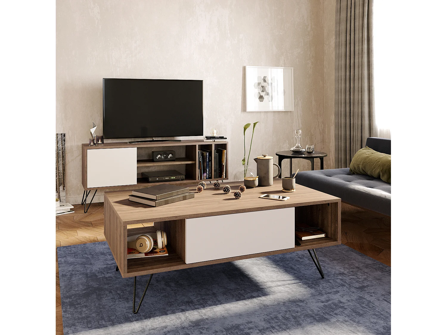 Table Basse Mistico avec le pieds en métal et armoire (Blanc & Noyer)