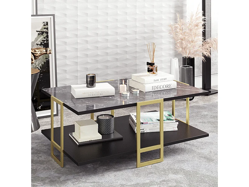 Table basse Polka avec cadre métalique doré (Effet marbre noir et Doré)