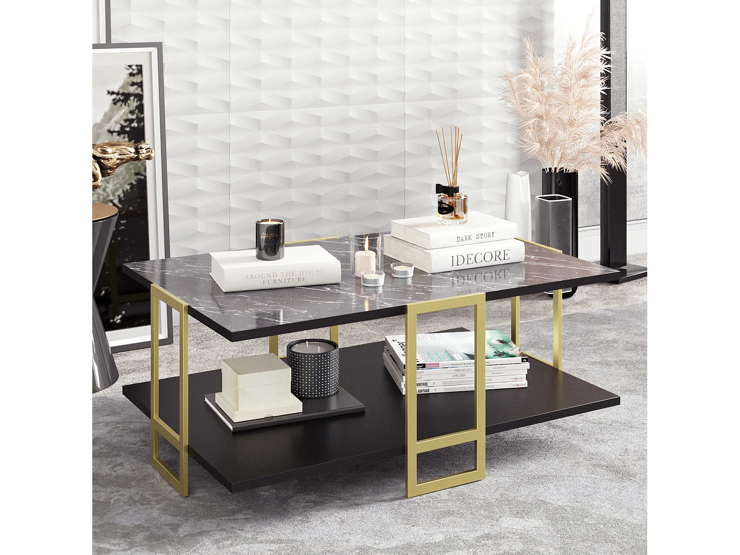 Table basse Polka avec cadre métalique doré (Effet marbre noir et Doré)