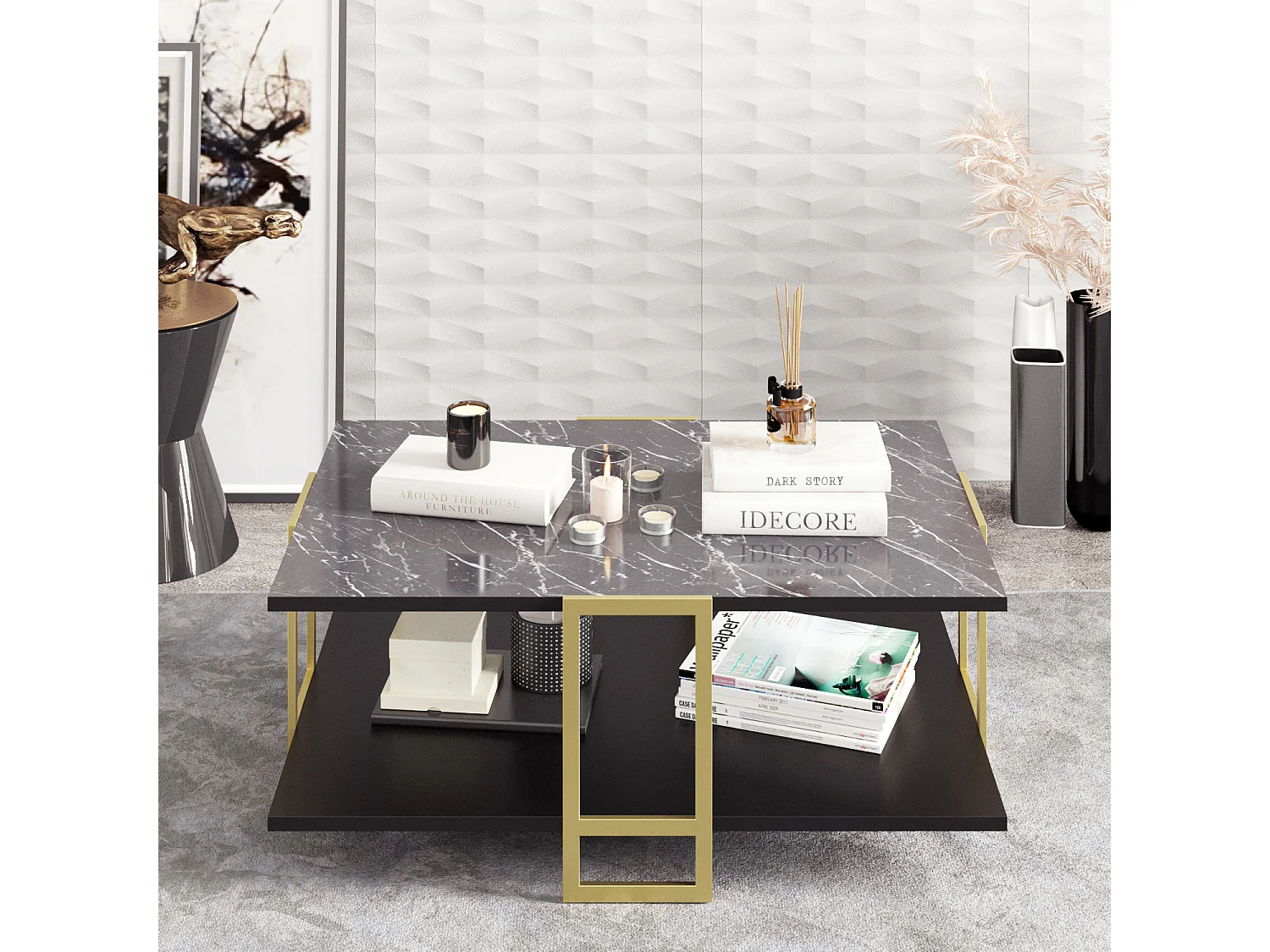 Table basse Polka avec cadre métalique doré (Effet marbre noir et Doré)