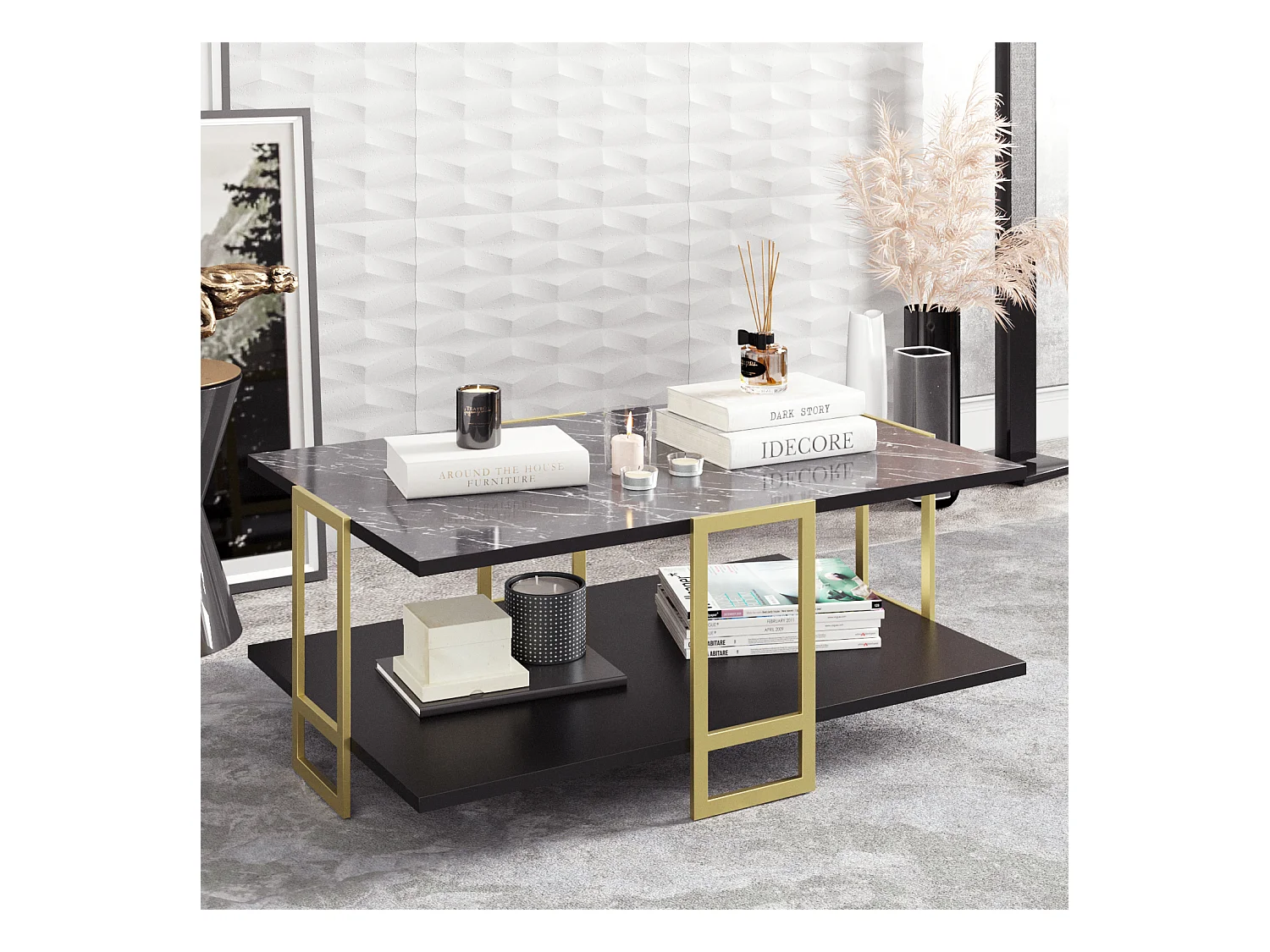 Table basse Polka avec cadre métalique doré (Effet marbre noir et Doré)