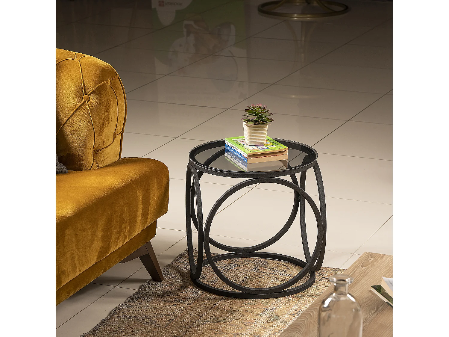 Table d'appoint décoratif avec verre et en métal (Noir)