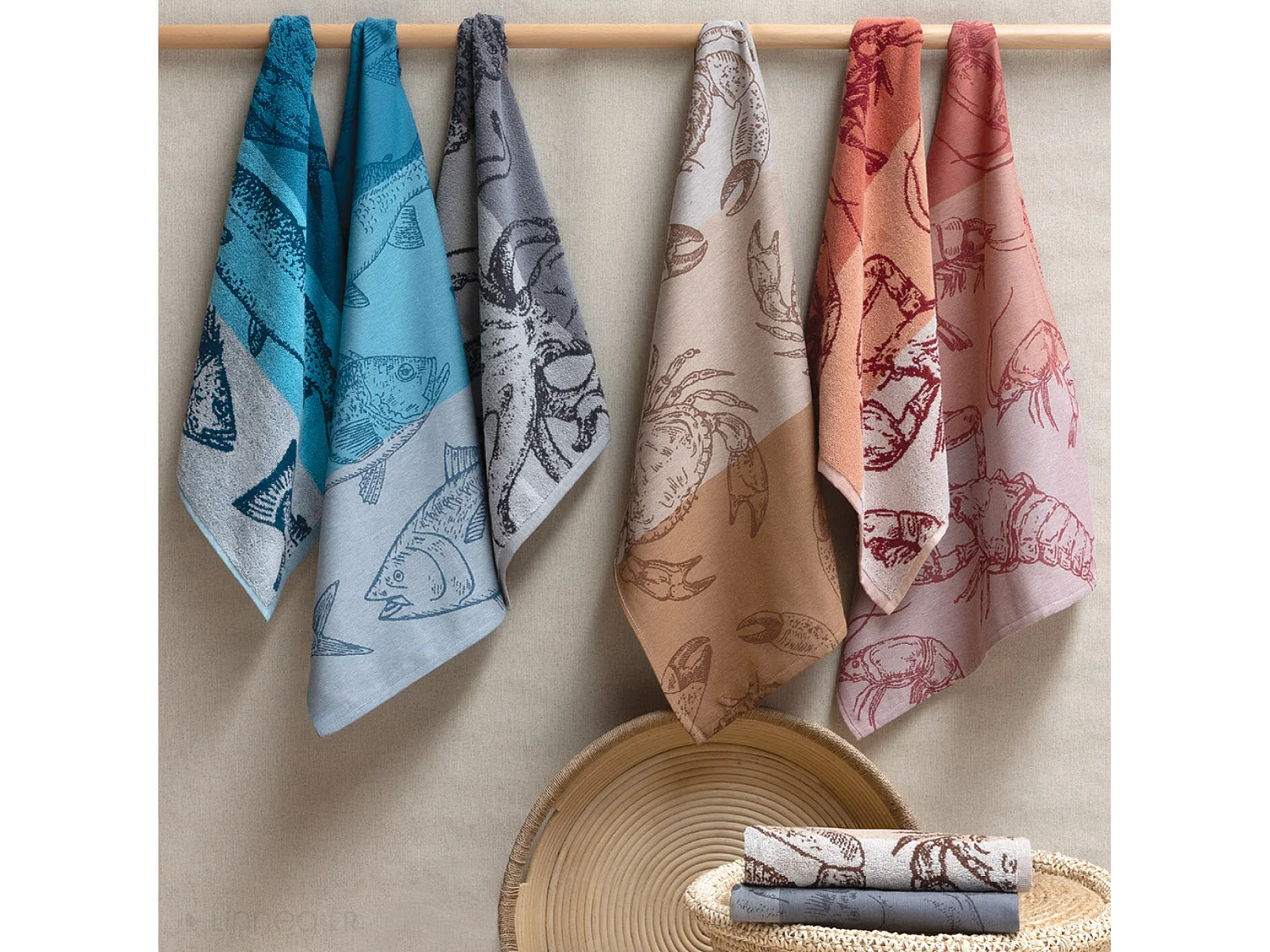 Lot de 2 torchons de cuisine 50x70 cm coton ATLANTIC motif pieuvre gris