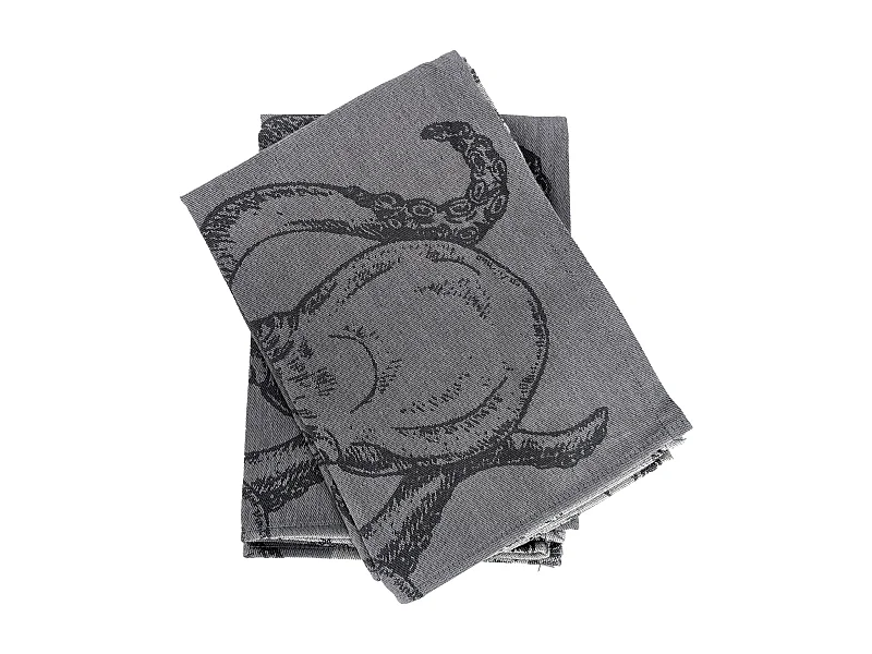 Lot de 2 torchons de cuisine 50x70 cm coton ATLANTIC motif pieuvre gris