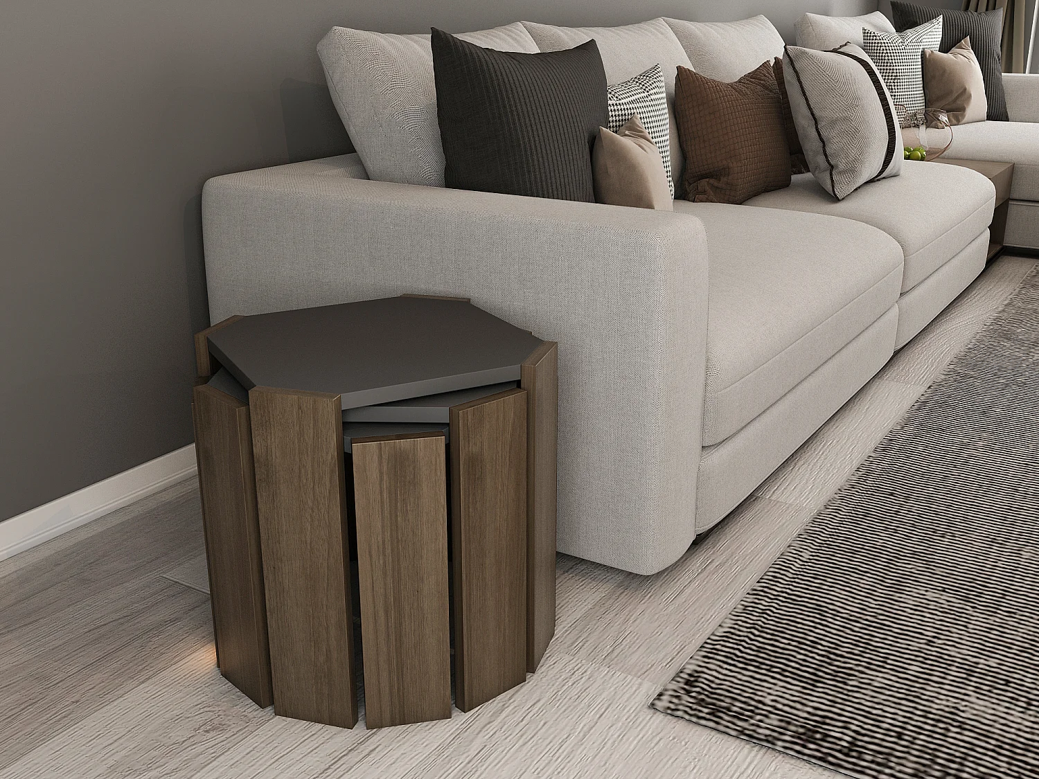 Set aus 3 stapelbaren Couchtischen in Anthrazit und Schwarz