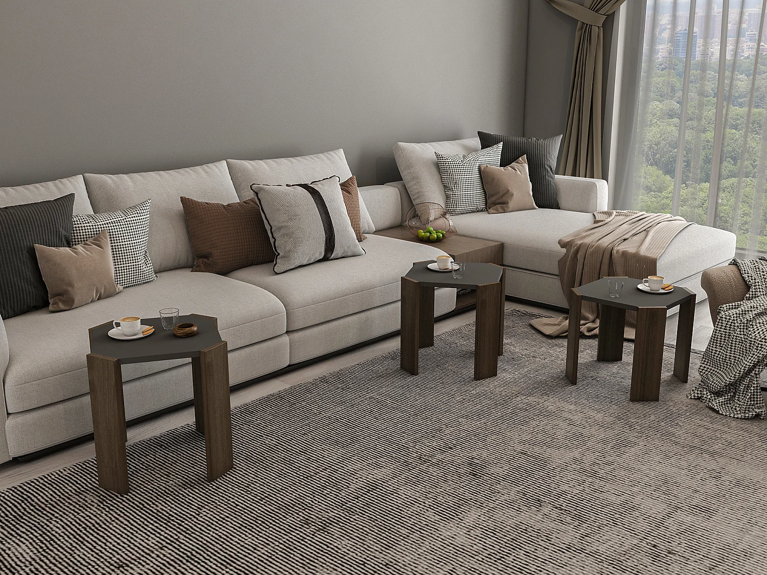 Set aus 3 stapelbaren Couchtischen in Anthrazit und Schwarz