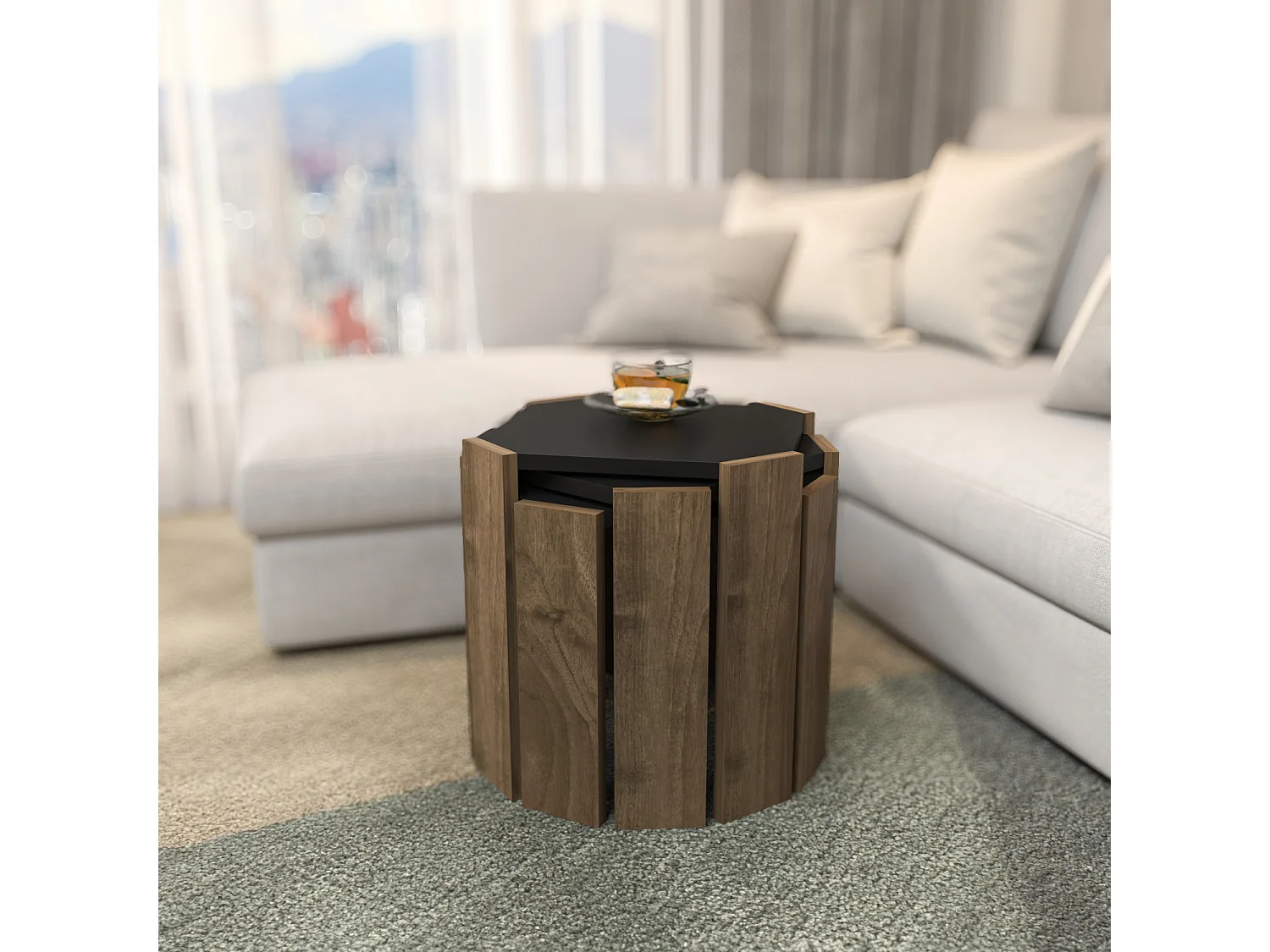 Table gigognes, set de 3 tables basses, empilables (Anthracite et noir)