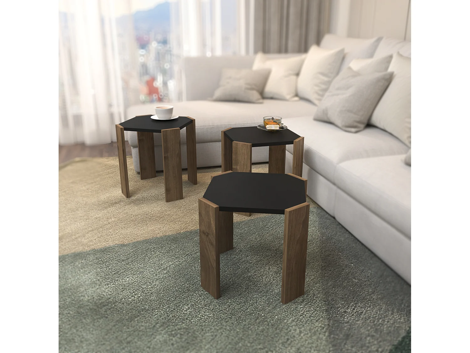 Table gigognes, set de 3 tables basses, empilables (Anthracite et noir)