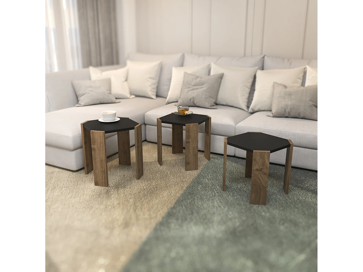 Table gigognes, set de 3 tables basses, empilables (Anthracite et noir)