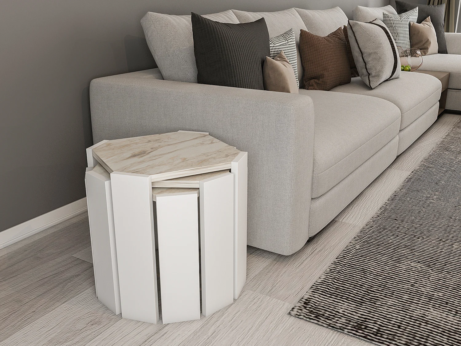 Table gigognes, set de 3 tables basses, empilables (Effet marbre blanc et blanc)