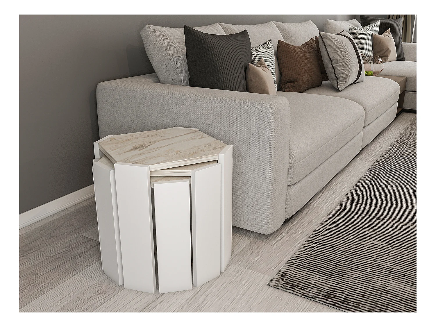 Table gigognes, set de 3 tables basses, empilables (Effet marbre blanc et blanc)