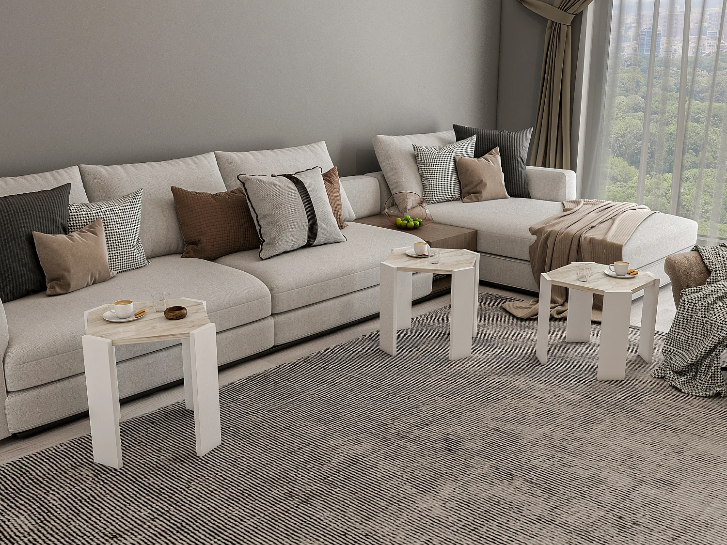 Table gigognes, set de 3 tables basses, empilables (Effet marbre blanc et blanc)