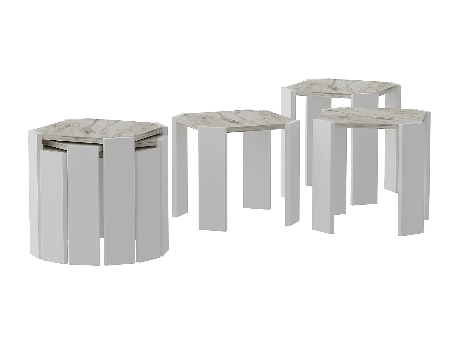 Table gigognes, set de 3 tables basses, empilables (Effet marbre blanc et blanc)