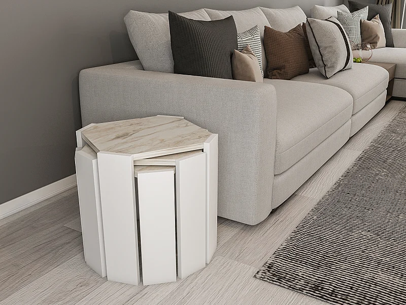 Table gigognes, set de 3 tables basses, empilables (Effet marbre blanc et blanc)