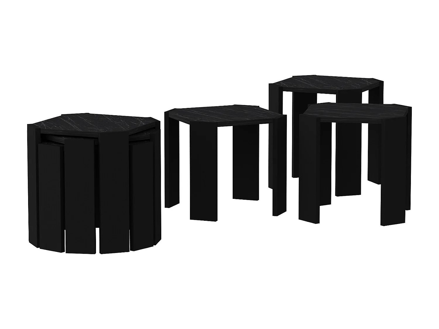 Table gigognes, set de 3 tables basses, empilables (Effet marbre noir et noir)