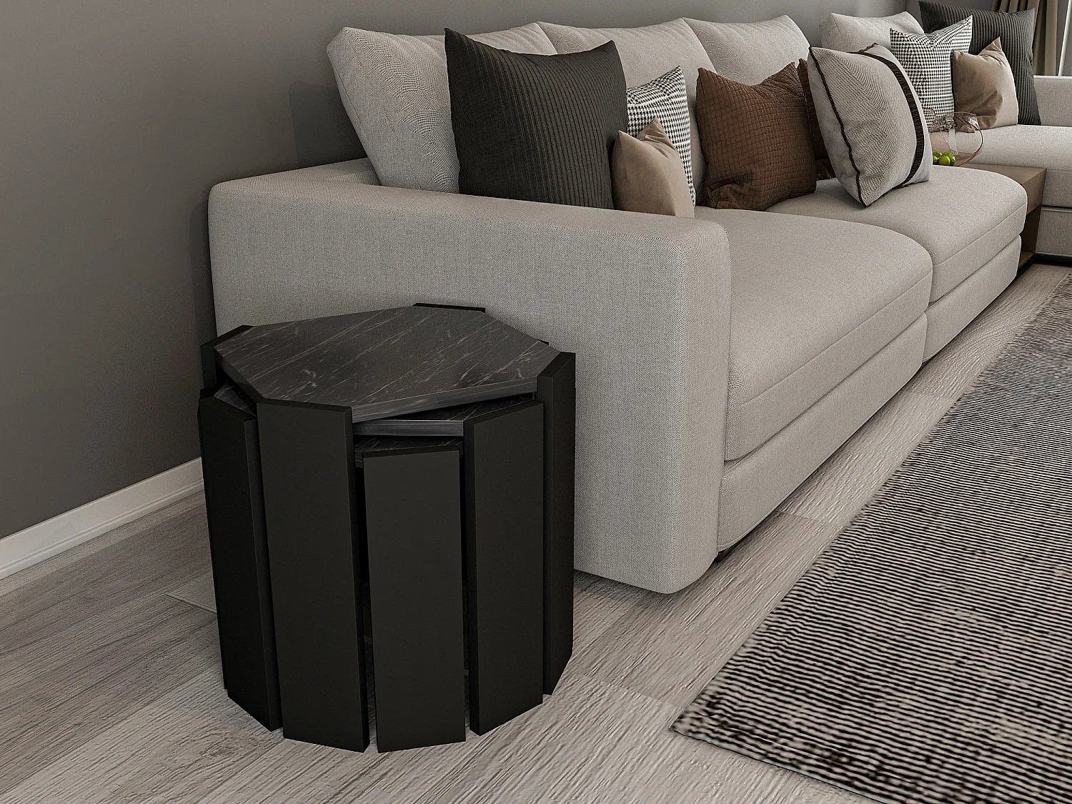 Table gigognes, set de 3 tables basses, empilables (Effet marbre noir et noir)