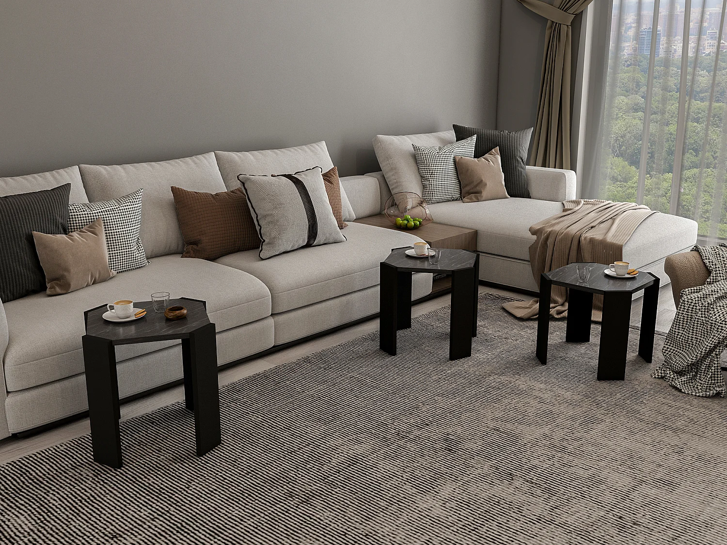 Table gigognes, set de 3 tables basses, empilables (Effet marbre noir et noir)