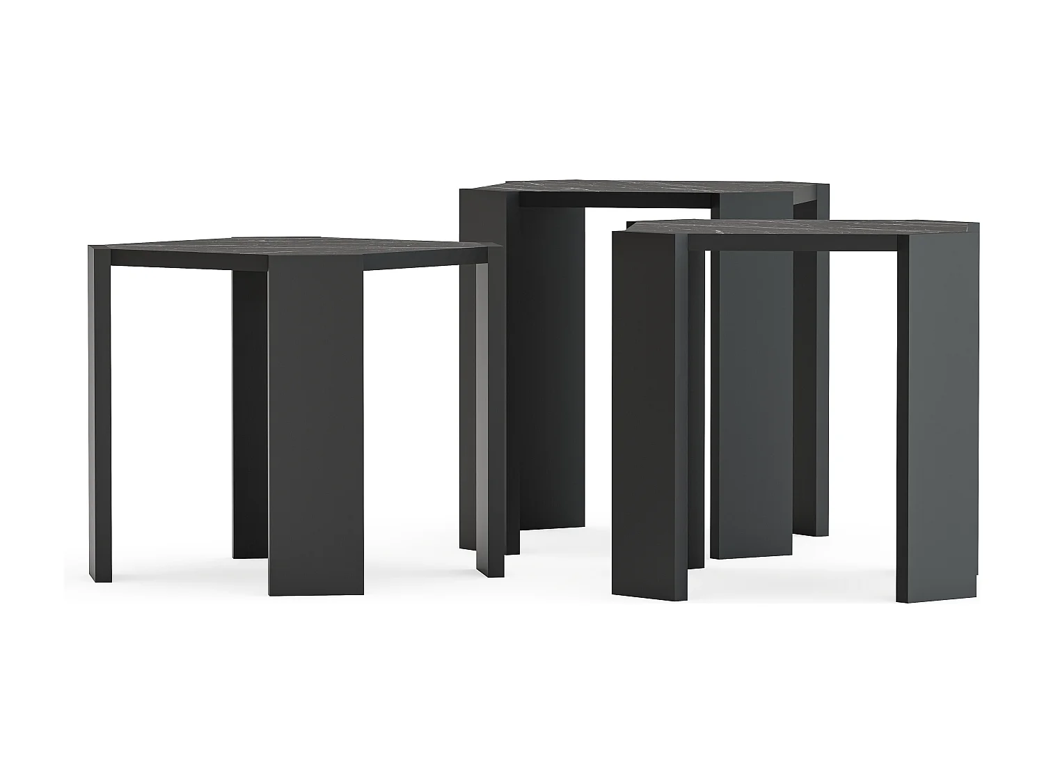 Table gigognes, set de 3 tables basses, empilables (Effet marbre noir et noir)