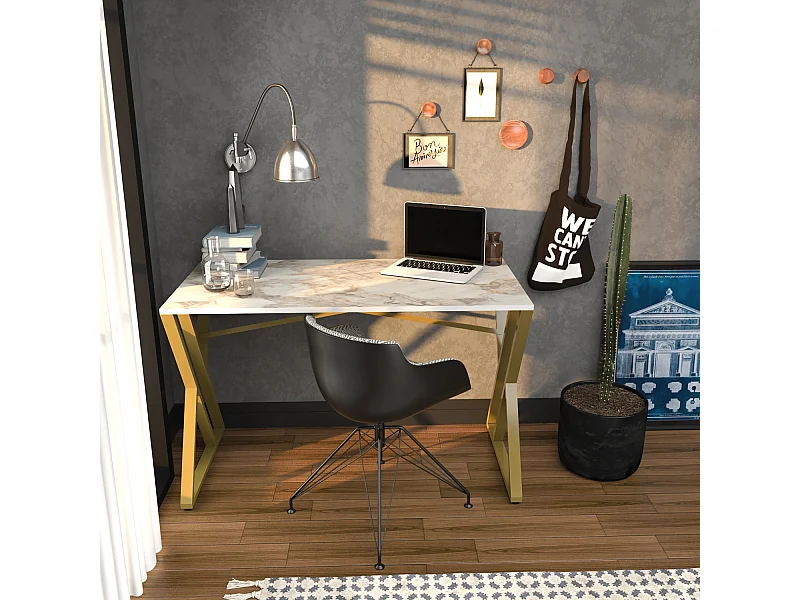 Bureau, Table de bureau, travavil avec le pieds et cadre en métal (Doré et Effet marbre blanc)