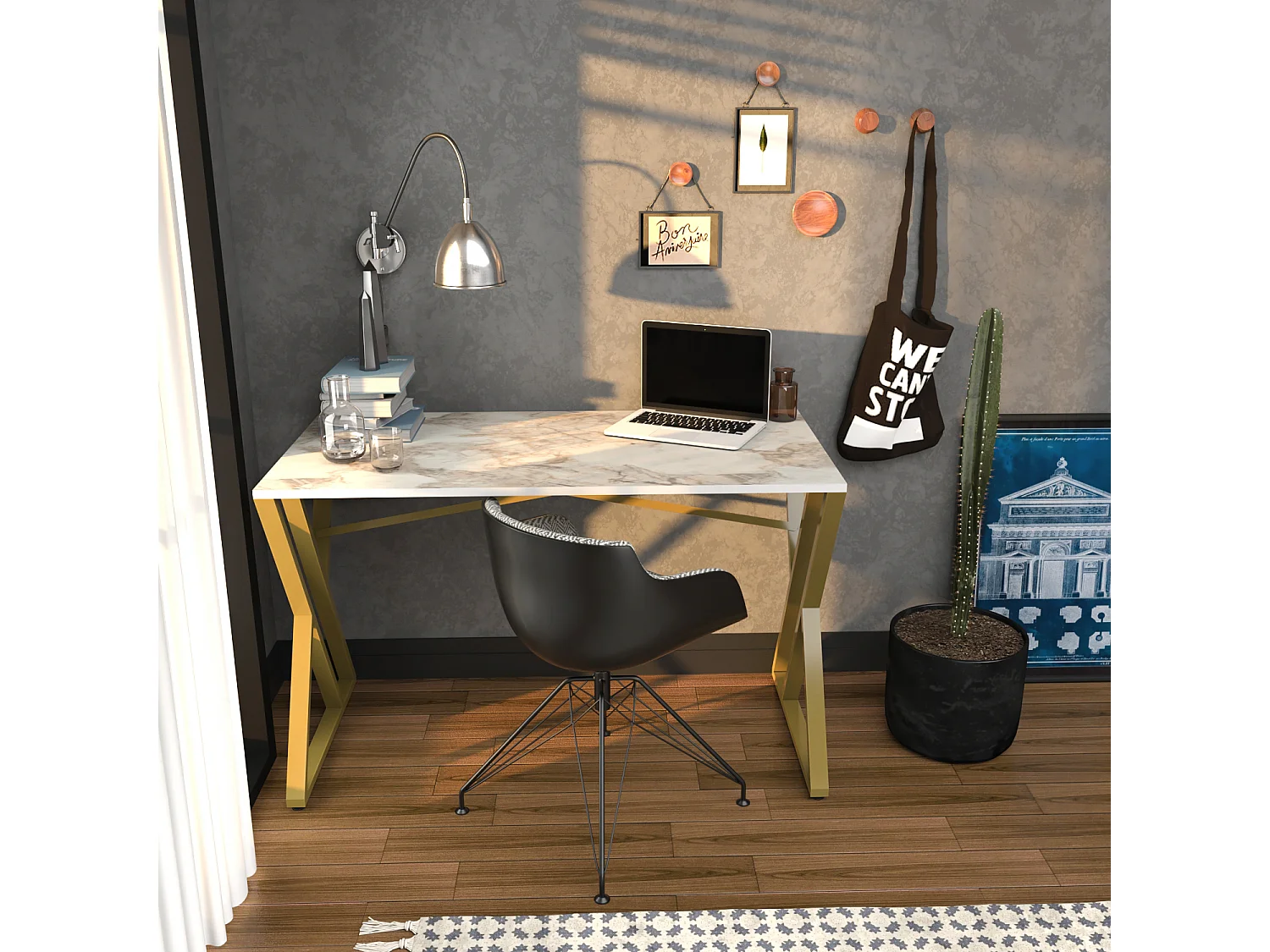 Bureau, Table de bureau, travavil avec le pieds et cadre en métal (Doré et Effet marbre blanc)