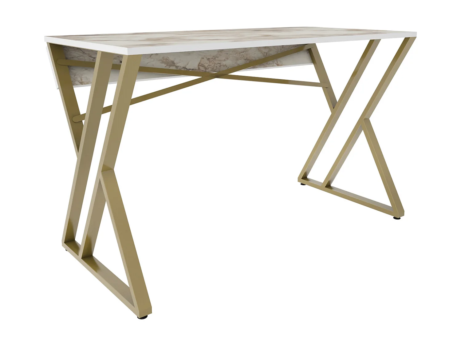 Bureau, Table de bureau, travavil avec le pieds et cadre en métal (Doré et Effet marbre blanc)
