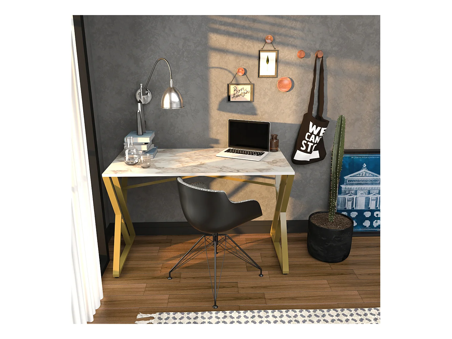 Bureau, Table de bureau, travavil avec le pieds et cadre en métal (Doré et Effet marbre blanc)
