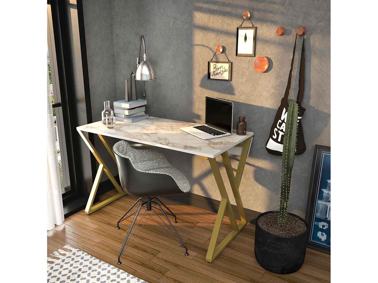 Bureau, Table de bureau, travavil avec le pieds et cadre en métal (Doré et Effet marbre blanc)