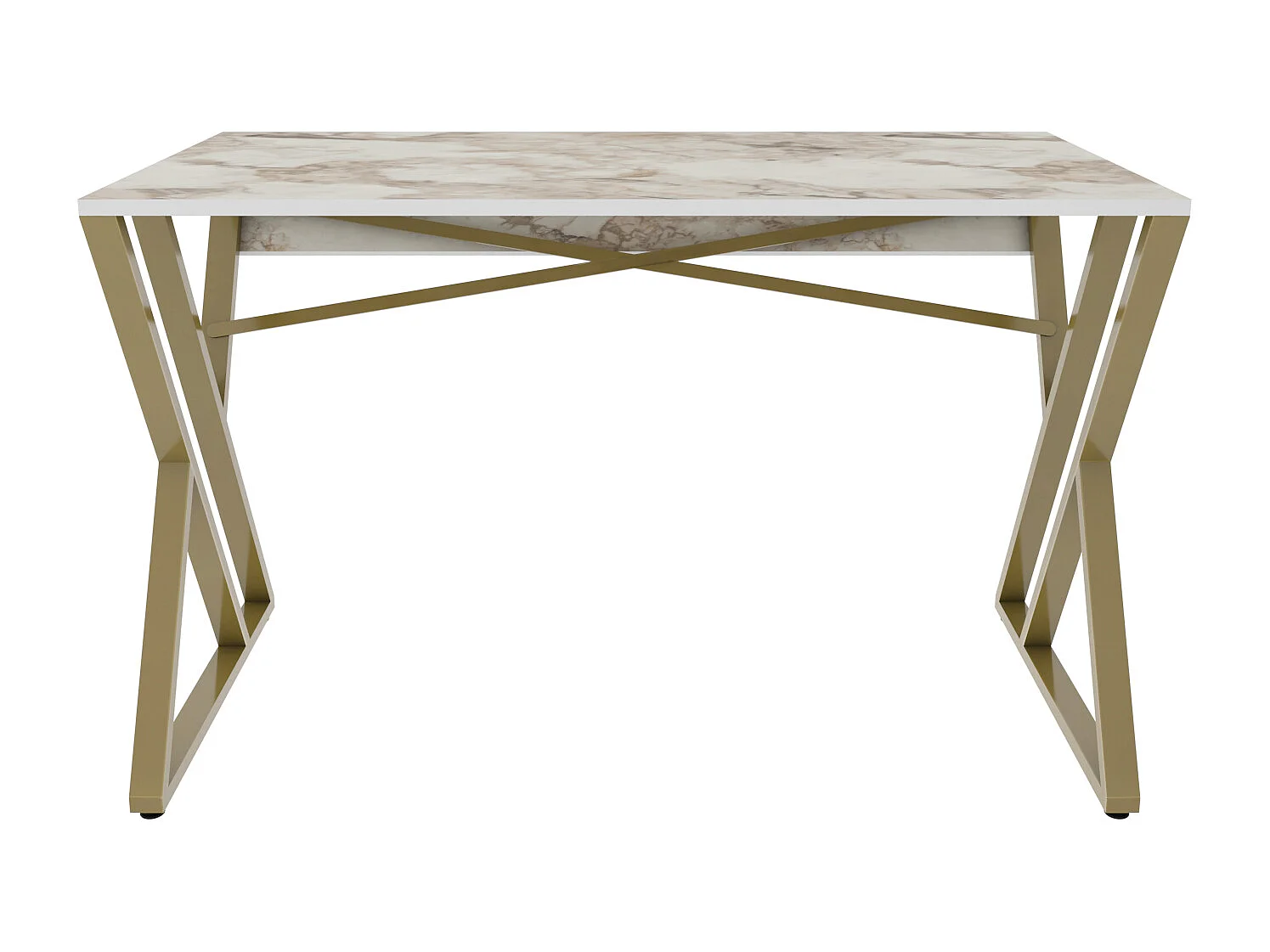 Bureau, Table de bureau, travavil avec le pieds et cadre en métal (Doré et Effet marbre blanc)