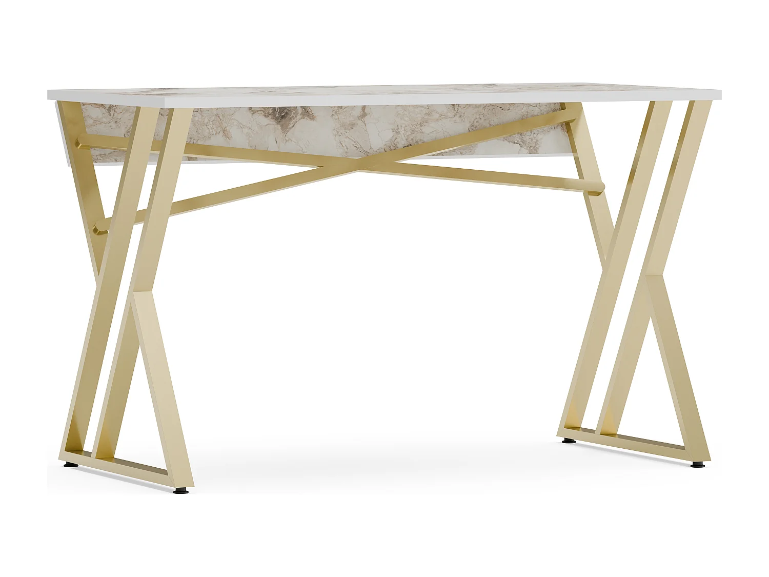 Bureau, Table de bureau, travavil avec le pieds et cadre en métal (Doré et Effet marbre blanc)