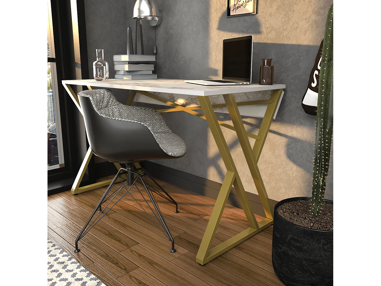 Bureau, Table de bureau, travavil avec le pieds et cadre en métal (Doré et Effet marbre blanc)