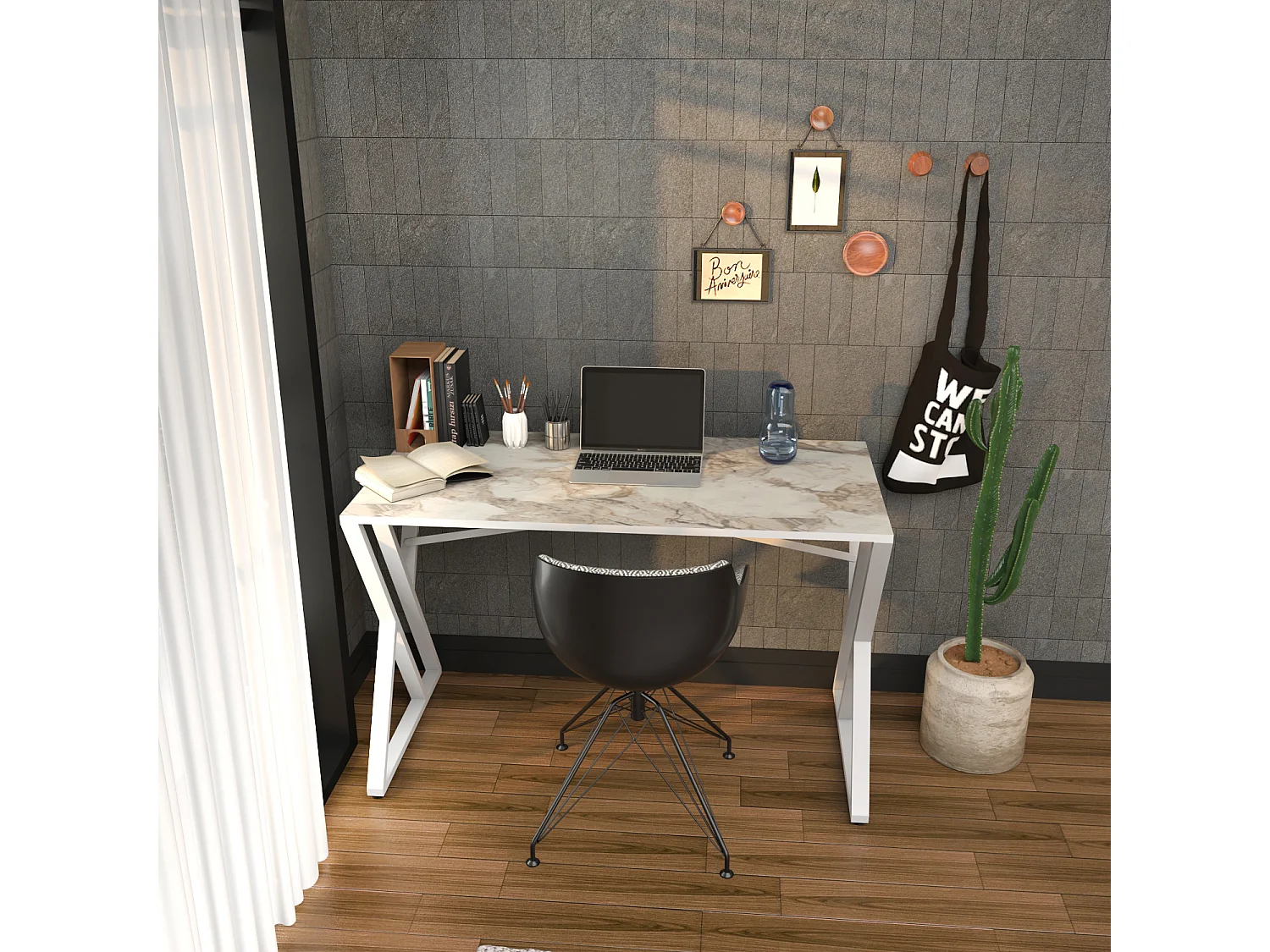Bureau, Table de bureau, travavil avec le pieds et cadre en métal (Blanc et Effet marbre blanc)