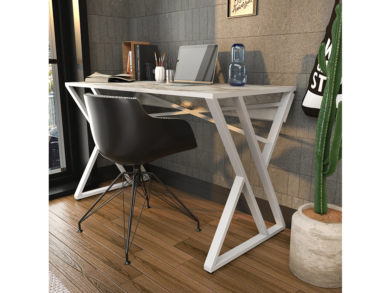 Bureau, Table de bureau, travavil avec le pieds et cadre en métal (Blanc et Effet marbre blanc)