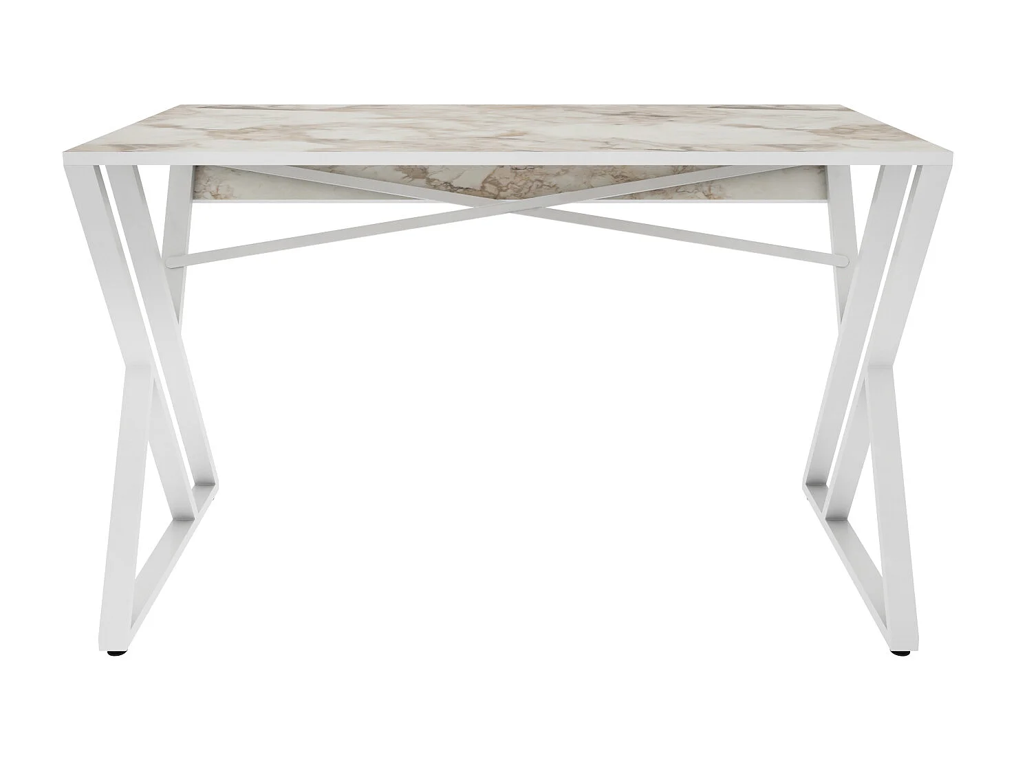 Bureau, Table de bureau, travavil avec le pieds et cadre en métal (Blanc et Effet marbre blanc)