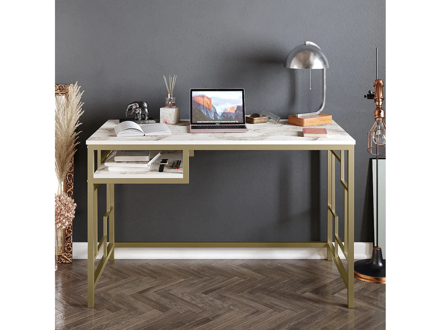 Bureau Victory avec le cadre en métal 120 cm (Doré et Effet marbre blanc)