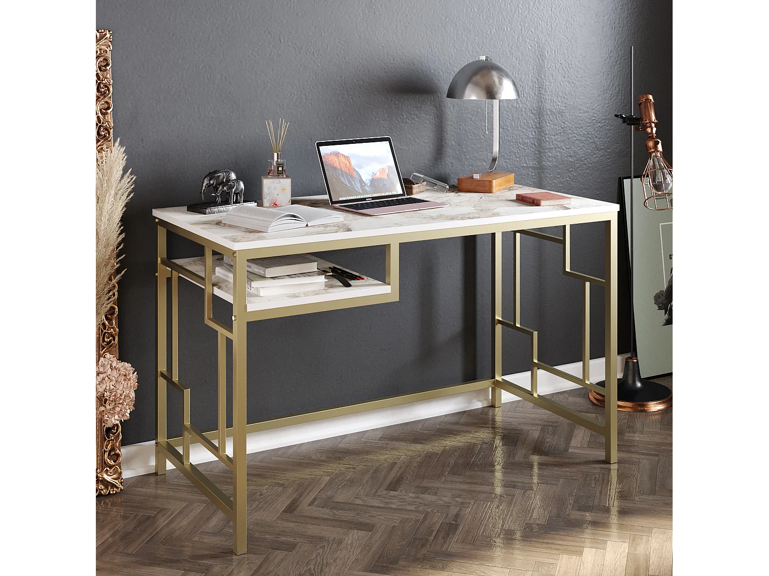 Bureau Victory avec le cadre en métal 120 cm (Doré et Effet marbre blanc)