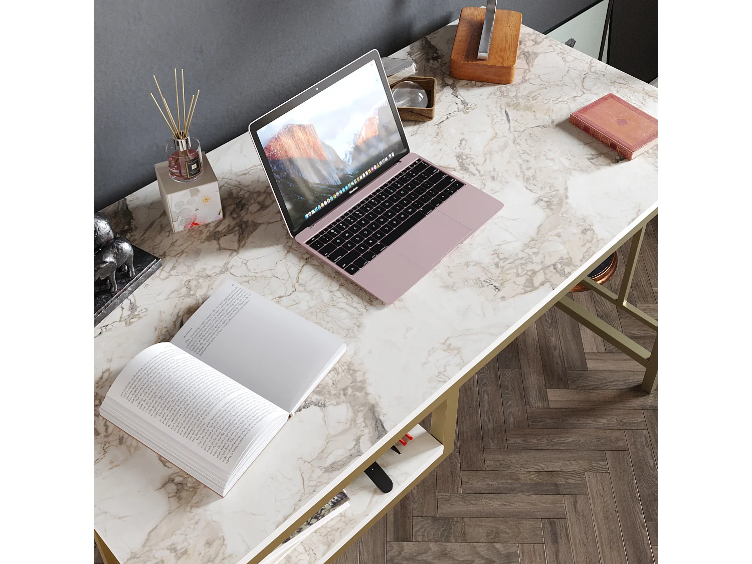 Bureau Victory avec le cadre en métal 120 cm (Doré et Effet marbre blanc)