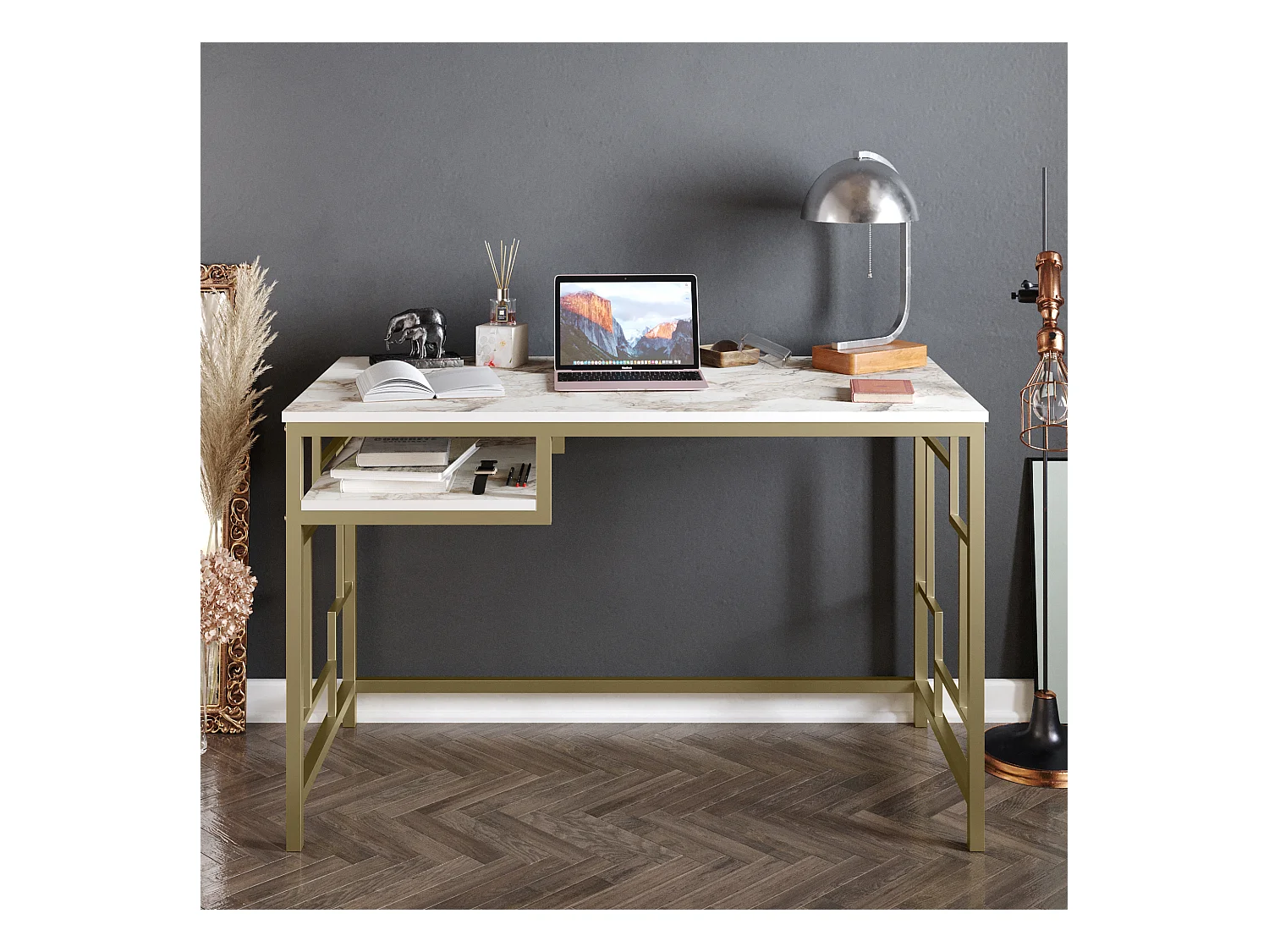 Bureau Victory avec le cadre en métal 120 cm (Doré et Effet marbre blanc)