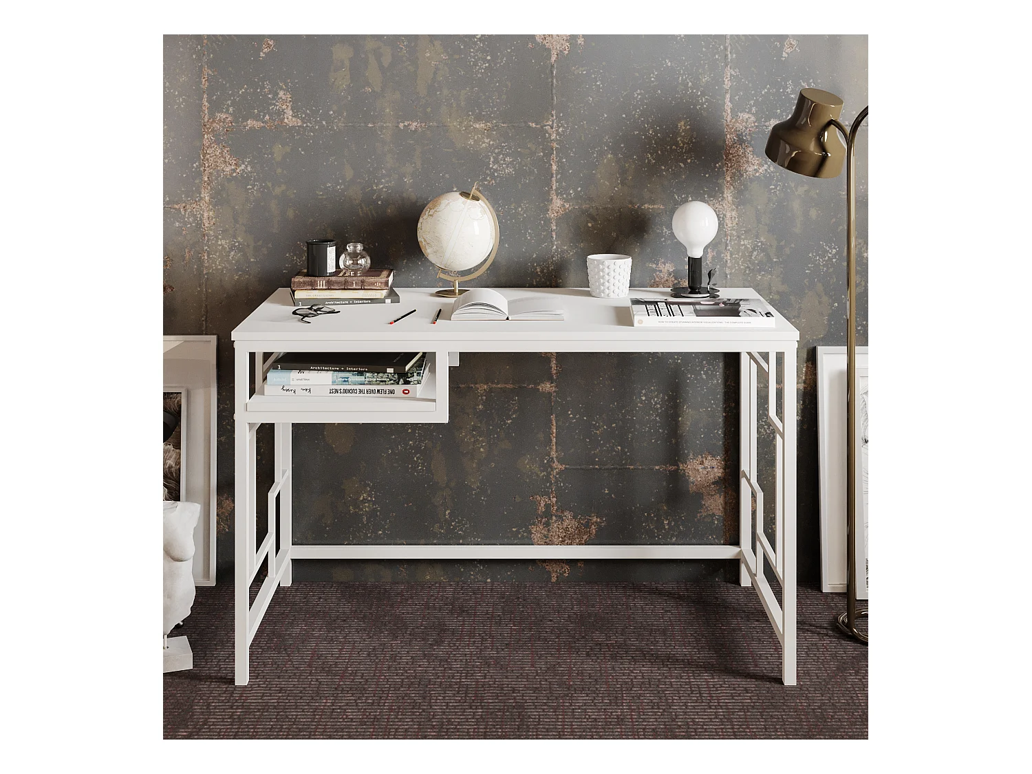 Bureau Victory avec le cadre en métal 120 cm (Blanc)