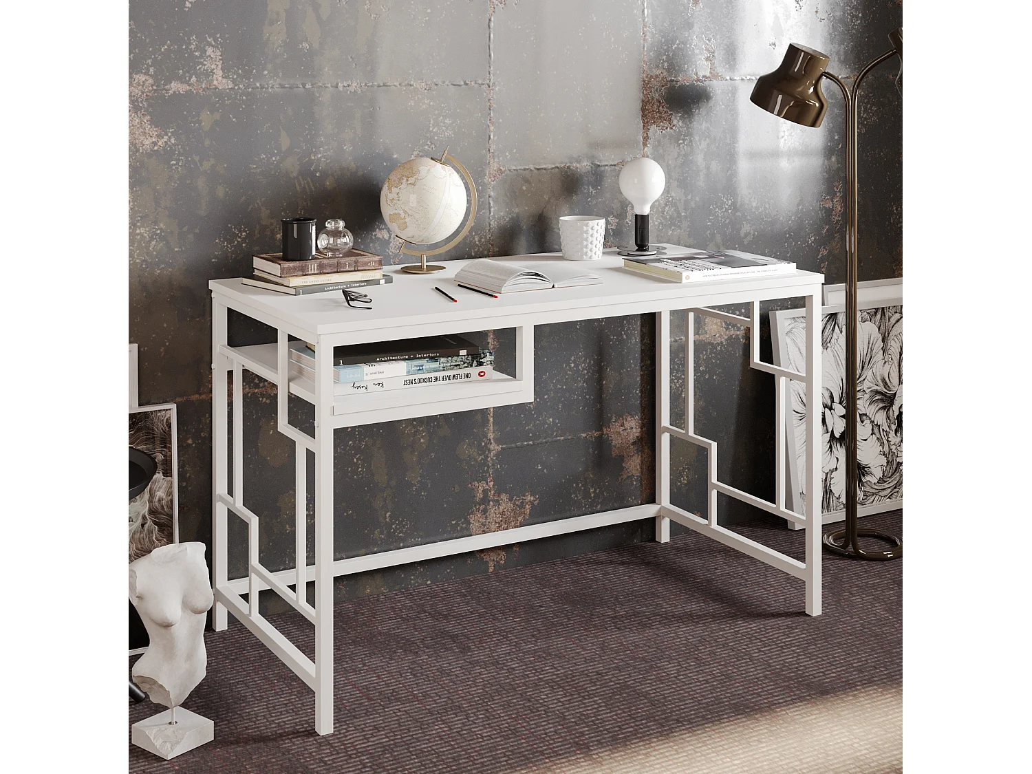 Bureau Victory avec le cadre en métal 120 cm (Blanc)