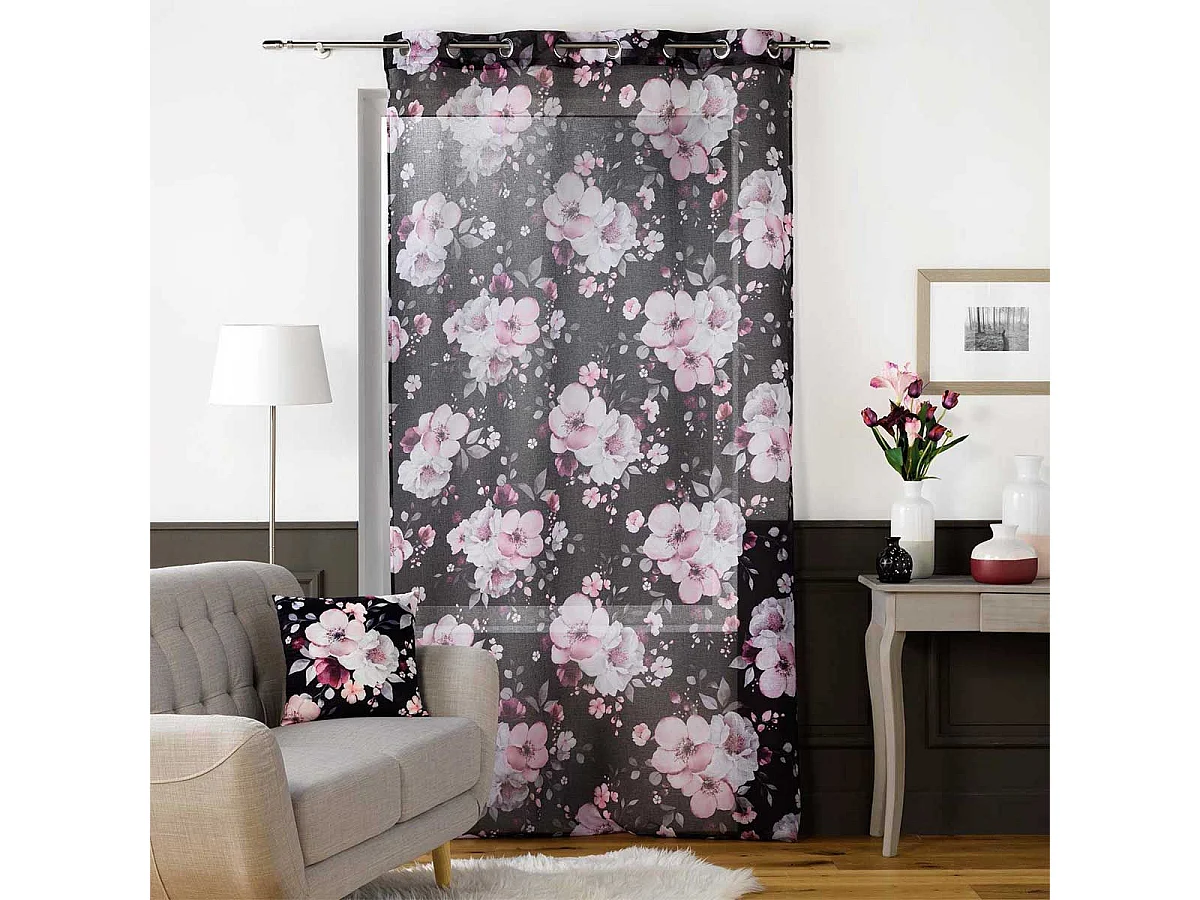 Rideau Voilage à Œillets "Velvet Flower" 140x280cm Noir