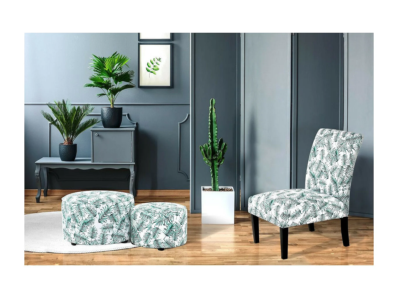 Lot de 2 Poufs Imprimé "Indira" 58cm Blanc & Vert